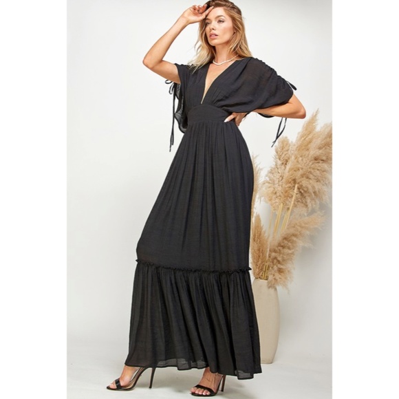 SOLD OUT Black Ruffled & Tiered Plunge Neck Maxi Dress - Picture 3 of 4